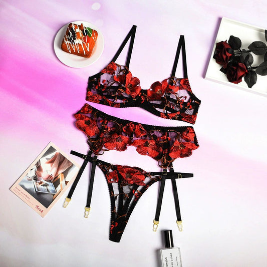 Scarlet Petals Lace 3 Piece Lingerie Set - Unspoken Fashion