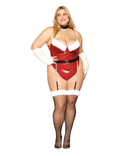 Sequined Mesh and Faux-Fur Trimmed Santa Teddy and Garter Belt Set with Rhinestone Studded Straps and Garters