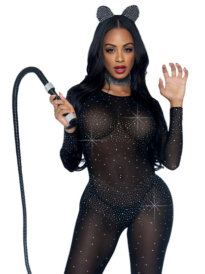 Sheer Rhinestone Long Sleeve Catsuit - Unspoken Fashion