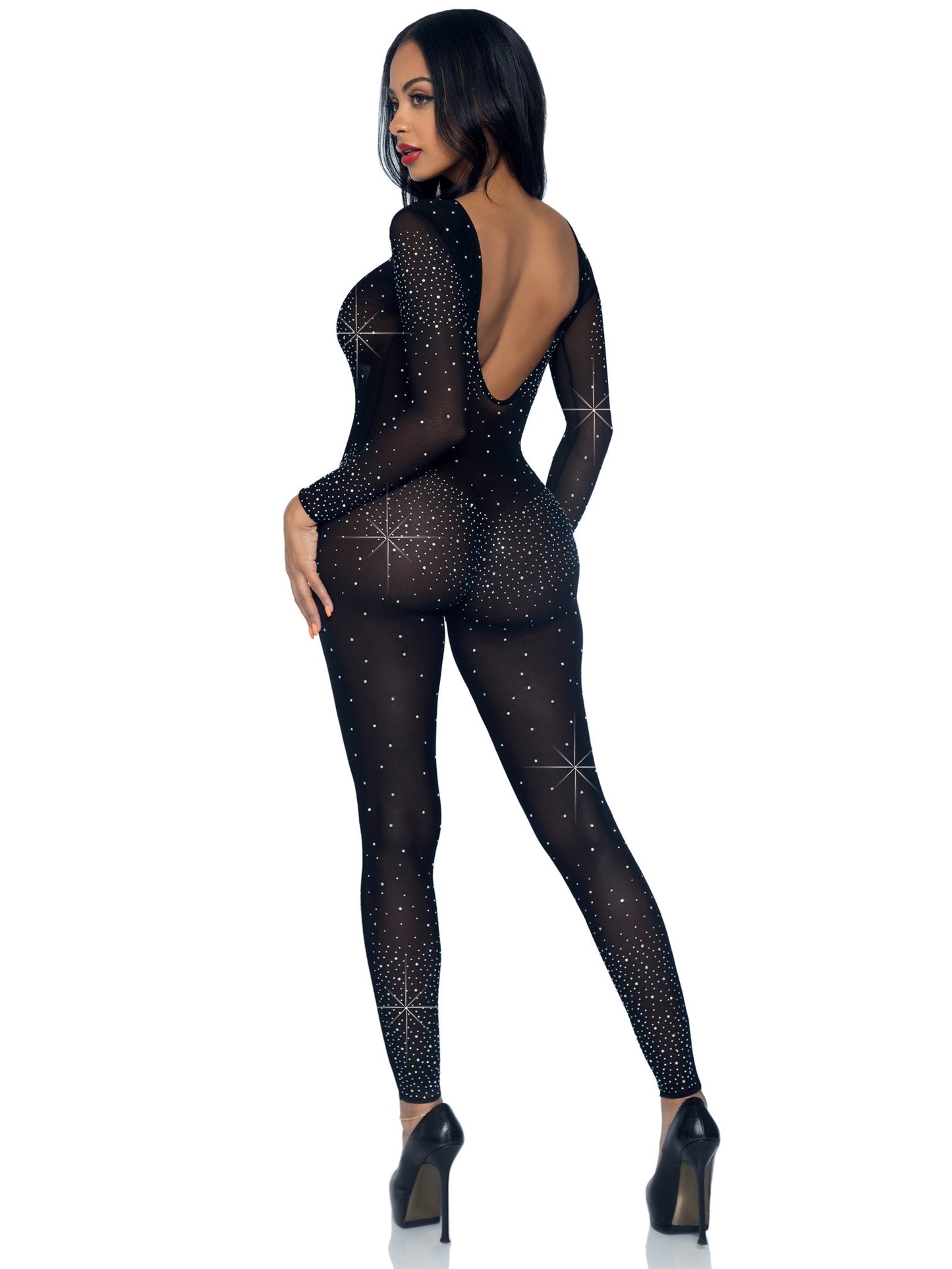 Sheer Rhinestone Long Sleeve Catsuit - Unspoken Fashion