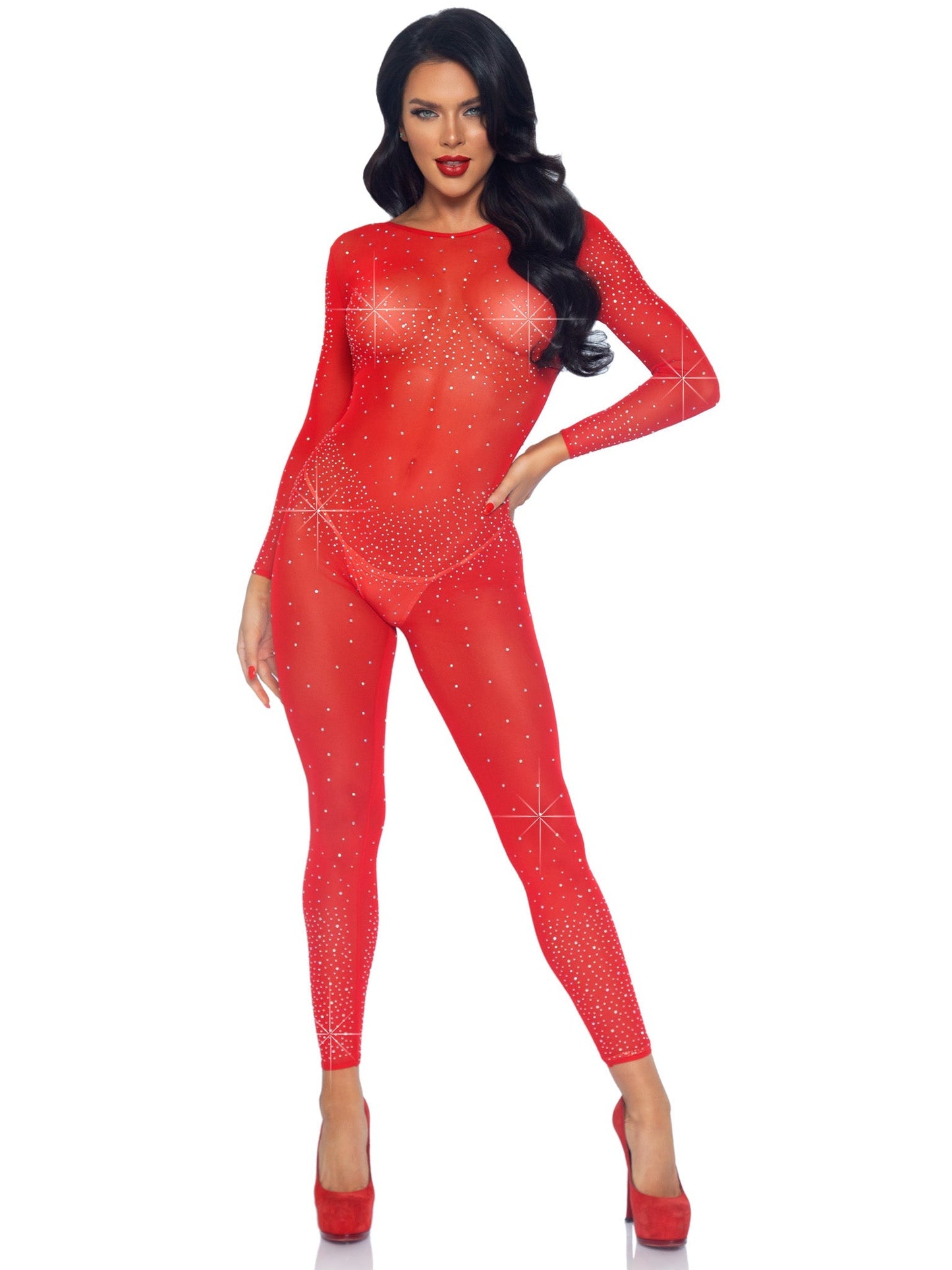 Sheer Rhinestone Long Sleeve Catsuit - Unspoken Fashion