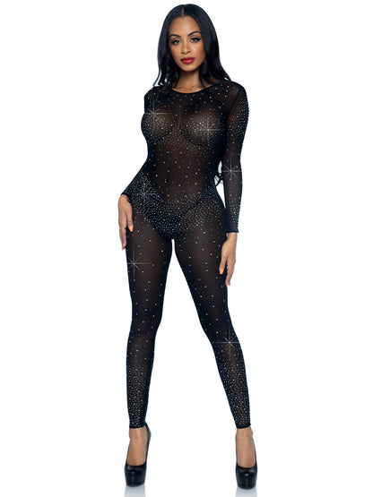 Sheer Rhinestone Long Sleeve Catsuit - Unspoken Fashion
