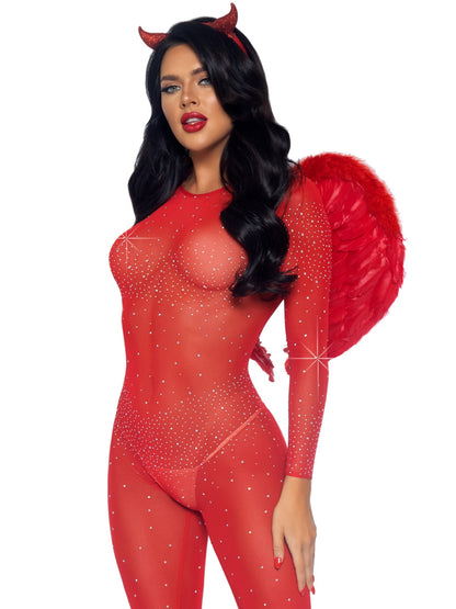 Sheer Rhinestone Long Sleeve Catsuit - Unspoken Fashion