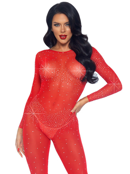 Sheer Rhinestone Long Sleeve Catsuit - Unspoken Fashion