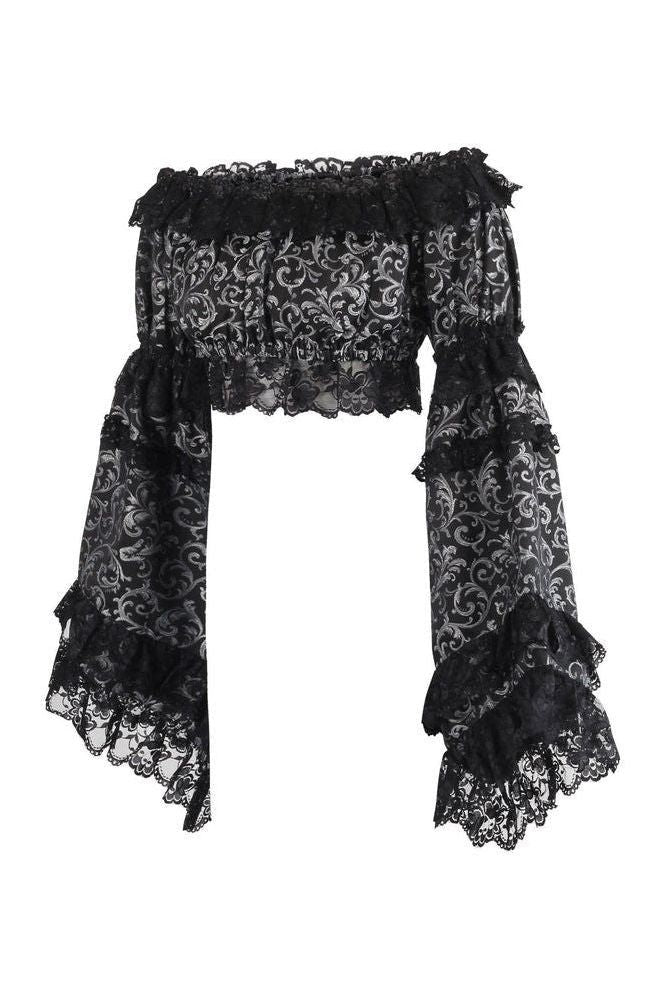Silver/Black Brocade Smocked Flare Sleeve Peasant Top