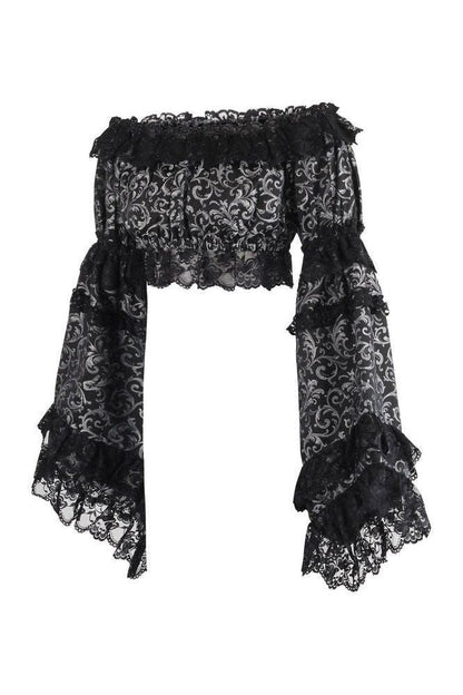 Silver/Black Brocade Smocked Flare Sleeve Peasant Top
