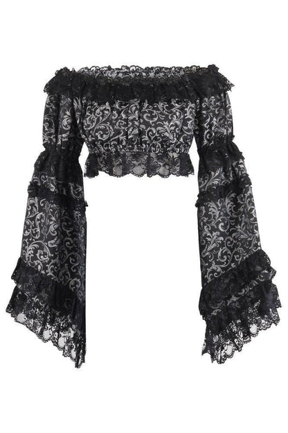 Silver/Black Brocade Smocked Flare Sleeve Peasant Top