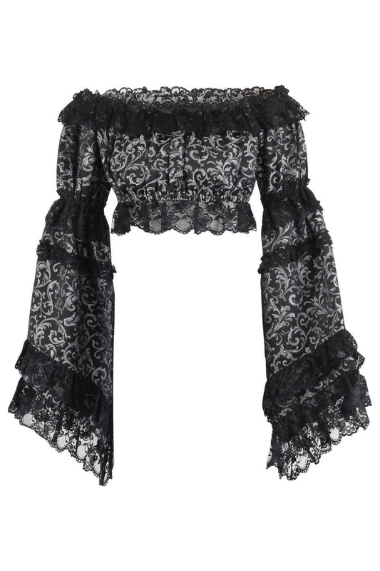 Silver/Black Brocade Smocked Flare Sleeve Peasant Top.