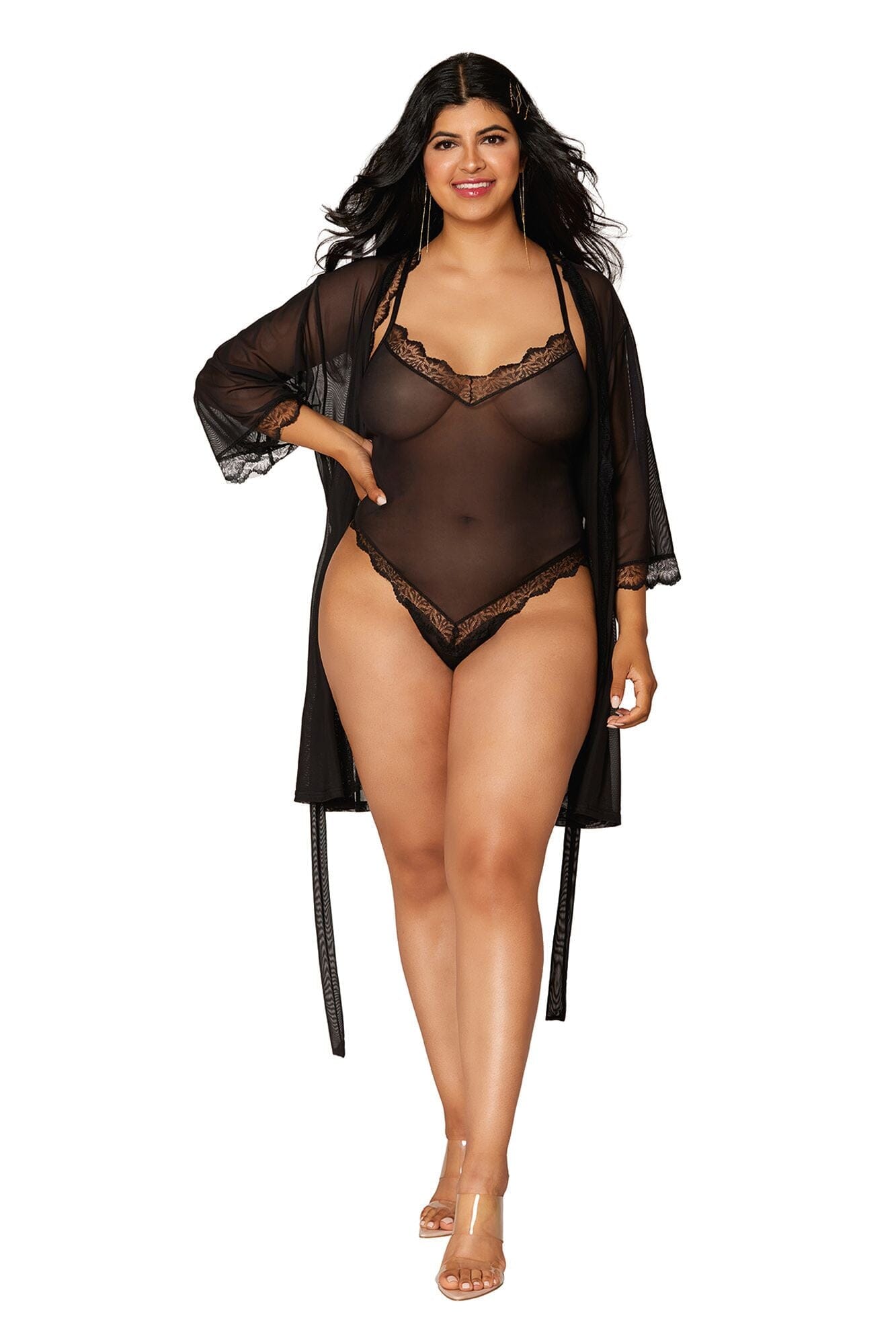 Dreamgirl Stretch mesh teddy and robe set with lace trim details