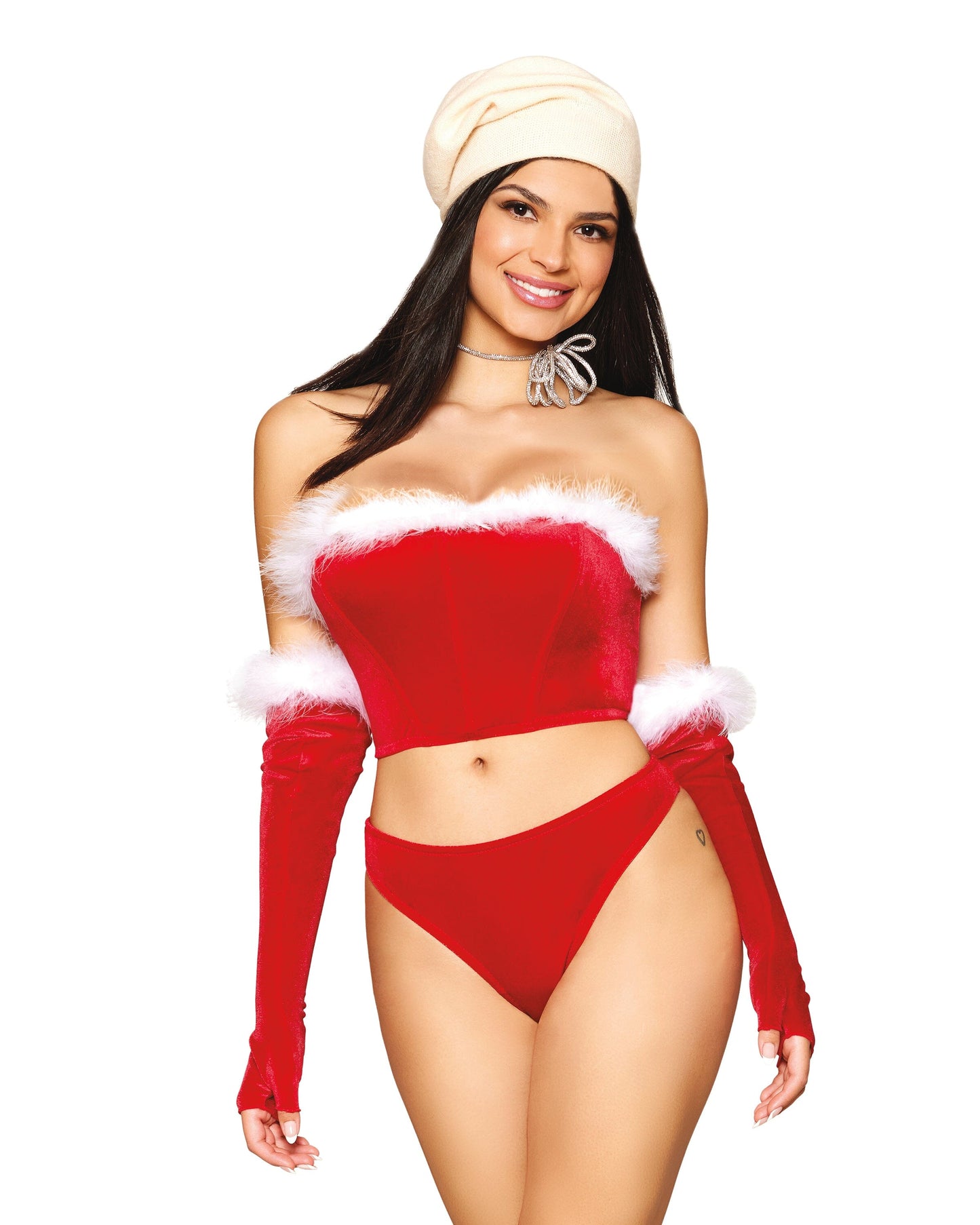 Stretch Velvet and Marabou Feather Trim Santa Bustier, Thong, and Gloves Set
