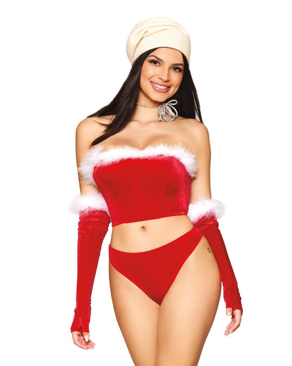 Stretch Velvet and Marabou Feather Trim Santa Bustier, Thong, and Gloves Set