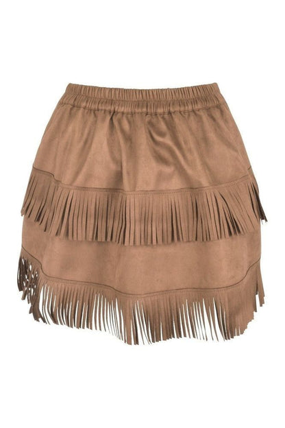 Tan Suede Ruched Bustle Skirt w/Fringe
