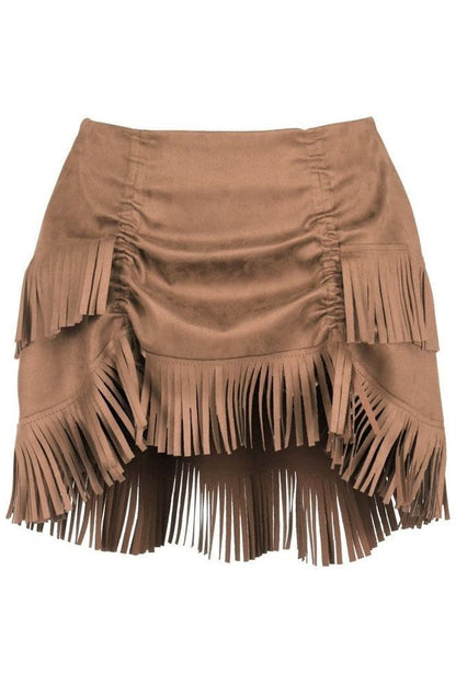 Tan Suede Ruched Bustle Skirt w/Fringe