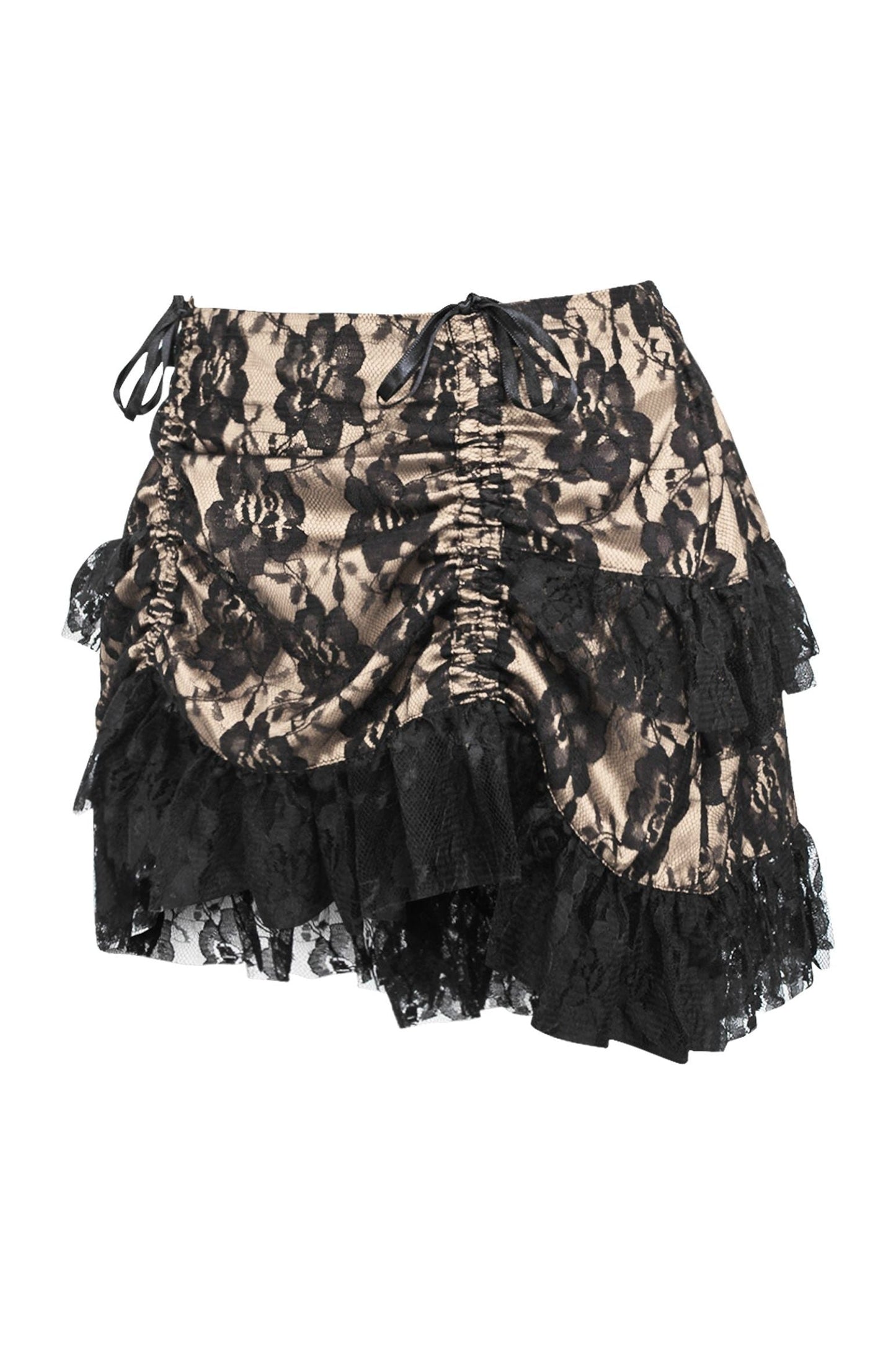 Tan/Black Lace Ruched Bustle Skirt.