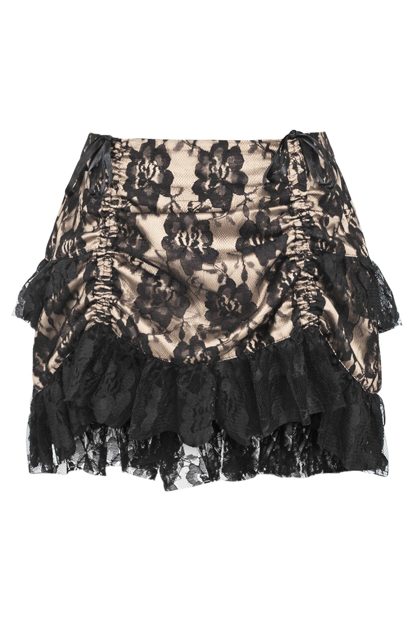 Tan/Black Lace Ruched Bustle Skirt.