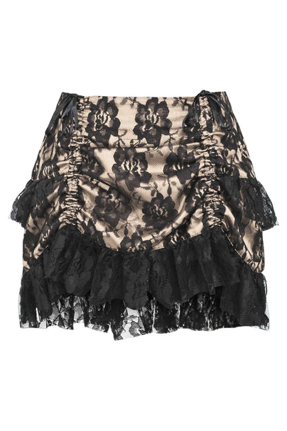 Tan/Black Lace Ruched Bustle Skirt.