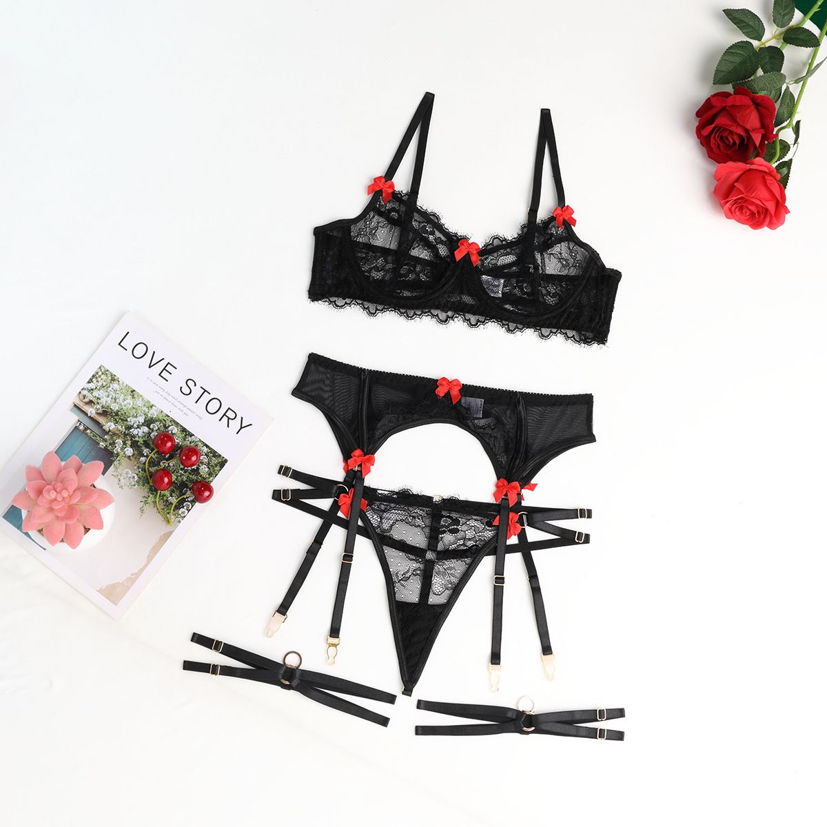 Tempting Bows Lace 4 Piece Lingerie Set - Unspoken Fashion