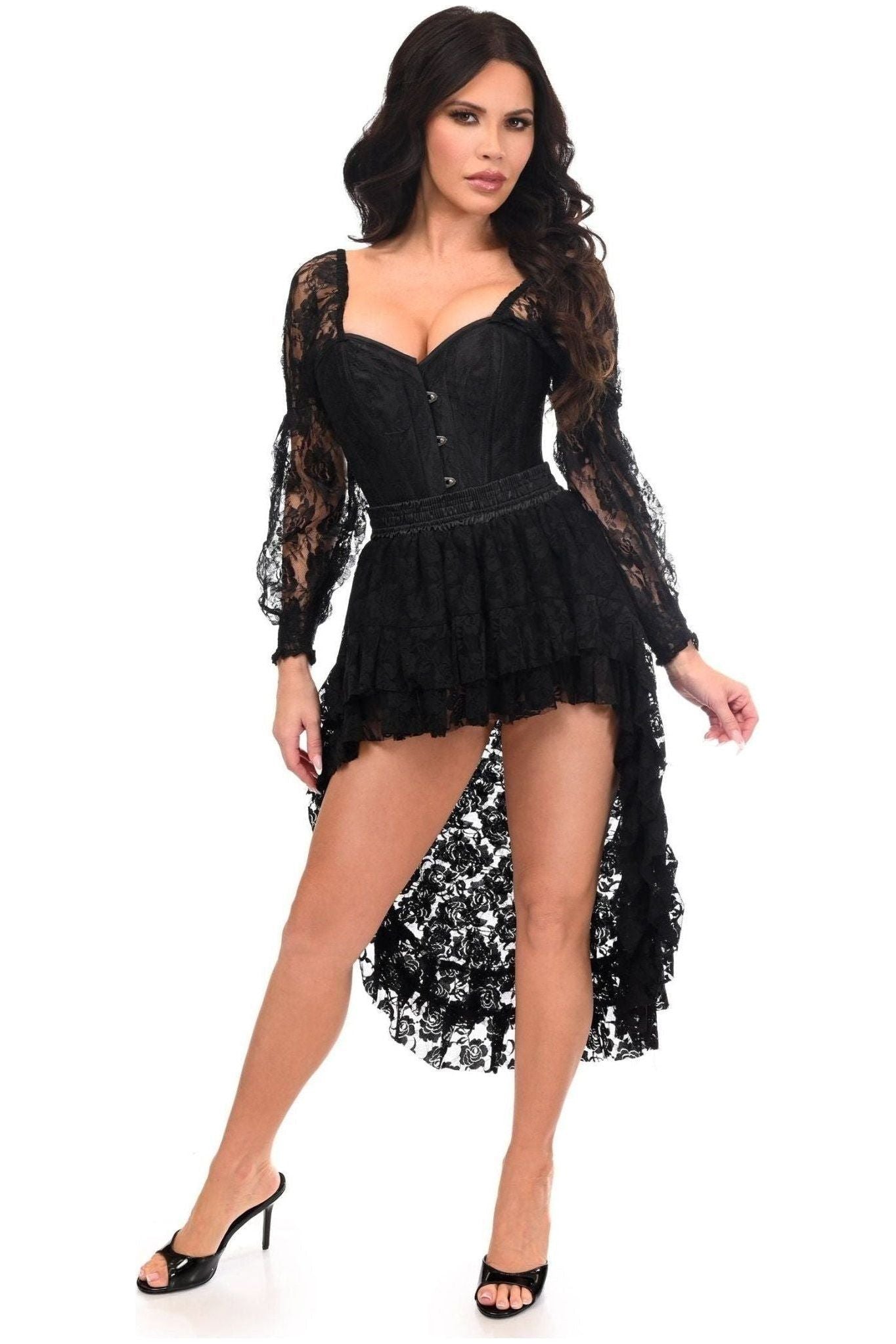 Top Drawer 2 PC Black Lace Steel Boned Corset & Lace Skirt Set.