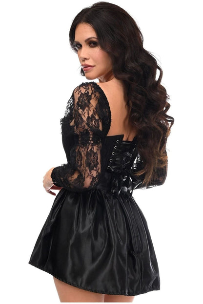Top Drawer 2 PC Black Lace Steel Boned Corset & Satin Skirt Set.