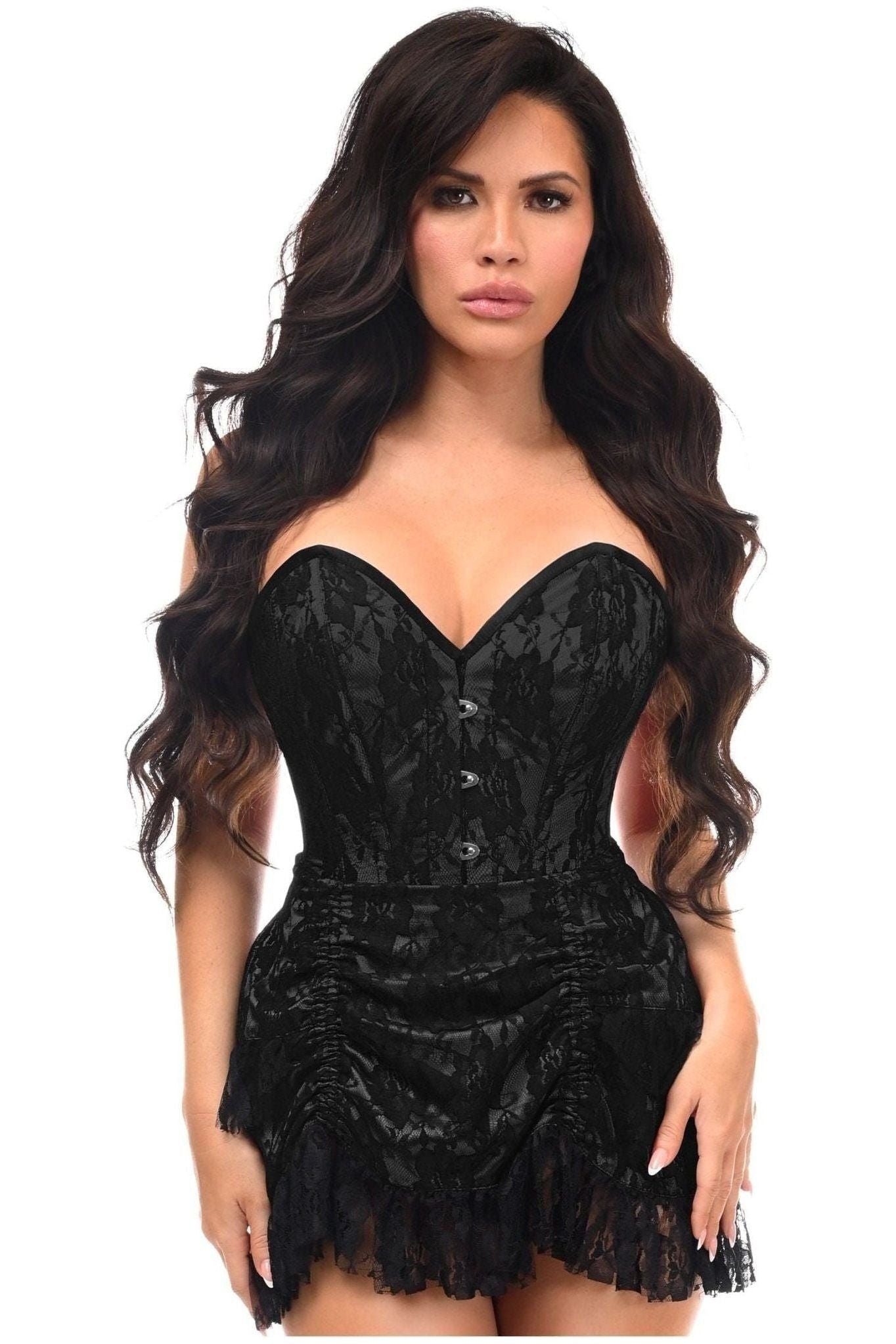 Top Drawer 2 PC Black Lace Steel Boned Corset & Skirt Set.