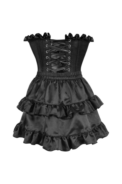 Top Drawer 2 PC Black Satin Steel Boned Burlesque Corset & Black Satin Skirt Set.