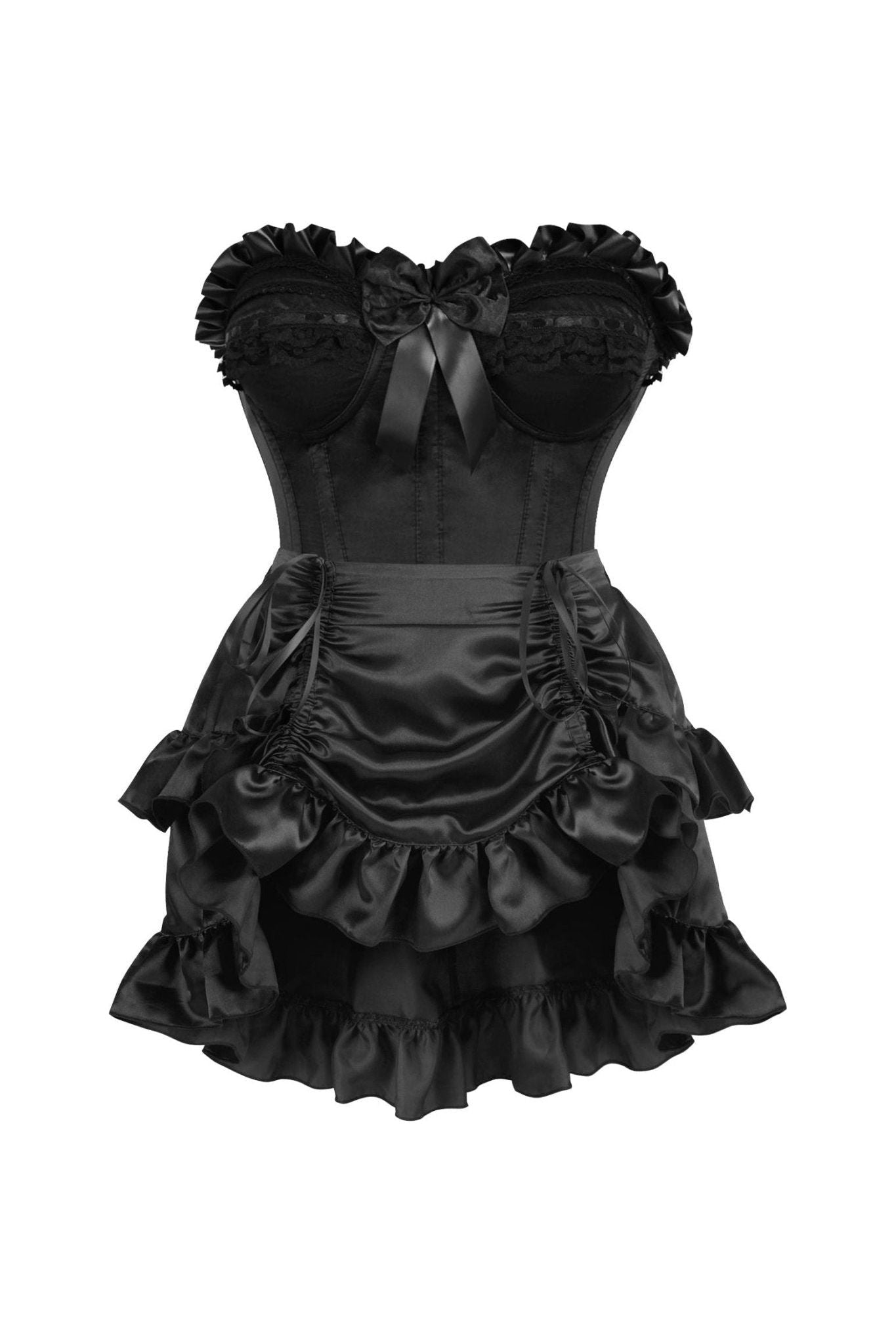Top Drawer 2 PC Black Satin Steel Boned Burlesque Corset & Black Satin Skirt Set.