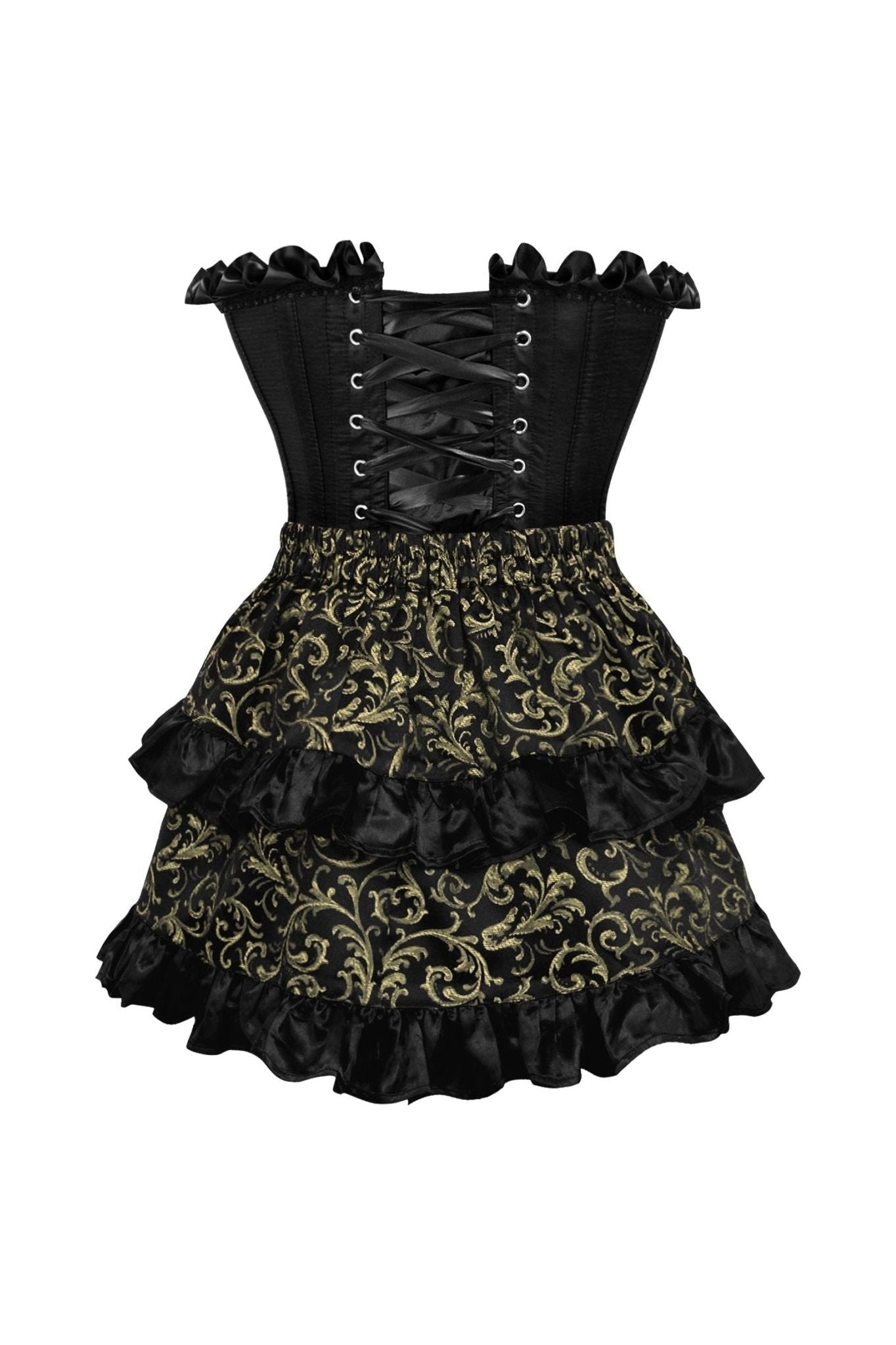 Top Drawer 2 PC Black Satin Steel Boned Burlesque Corset & Gold Brocade Skirt Set.