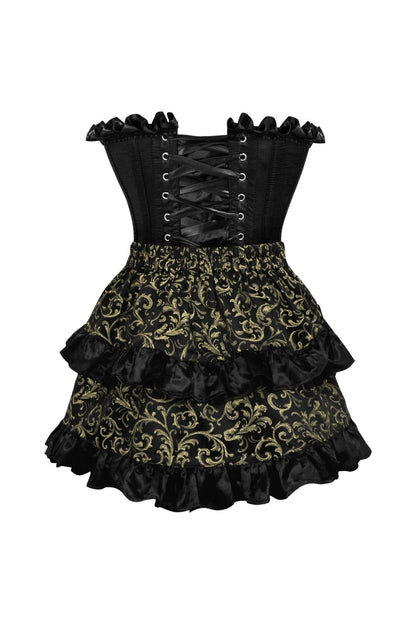 Top Drawer 2 PC Black Satin Steel Boned Burlesque Corset & Gold Brocade Skirt Set.