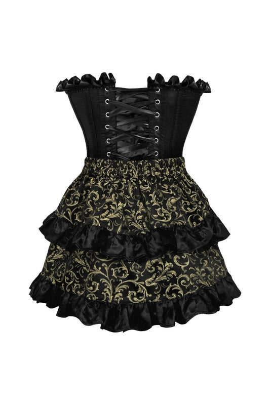 Top Drawer 2 PC Black Satin Steel Boned Burlesque Corset & Gold Brocade Skirt Set.