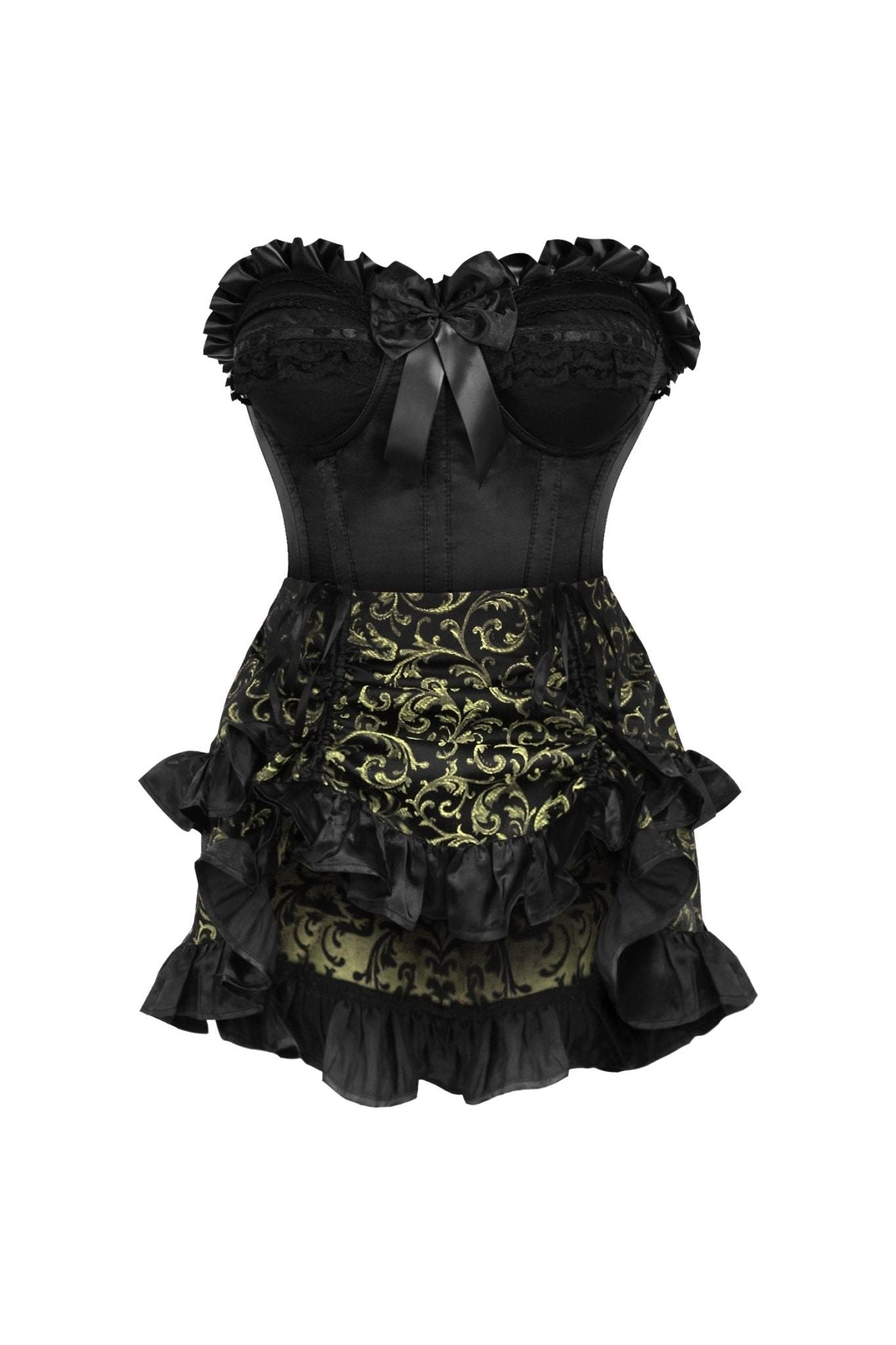 Top Drawer 2 PC Black Satin Steel Boned Burlesque Corset & Gold Brocade Skirt Set.