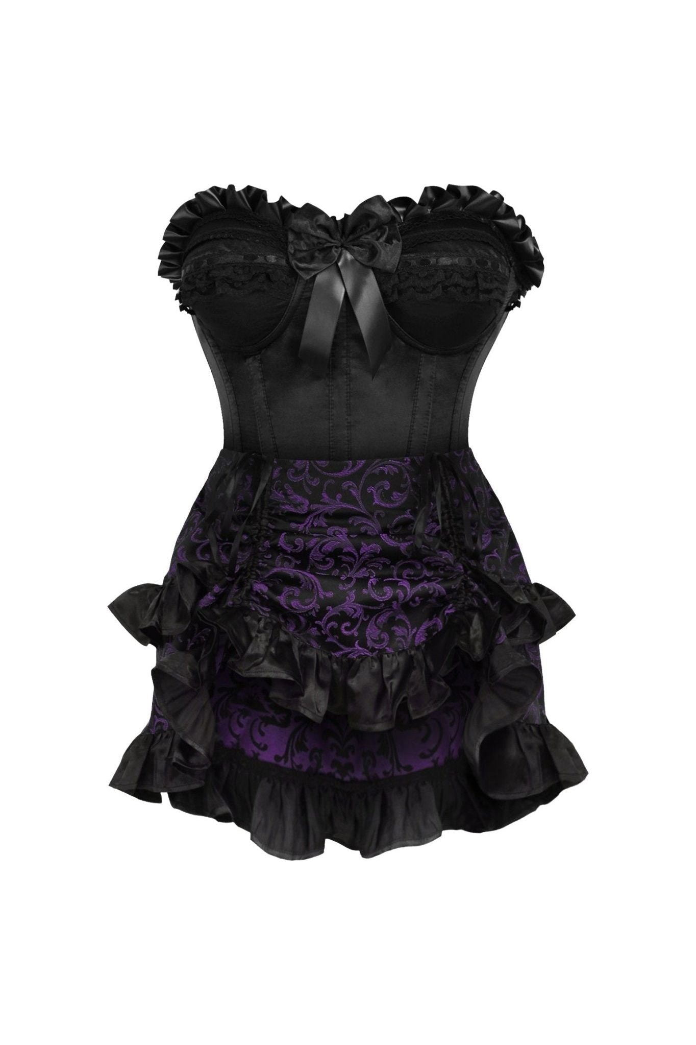 Top Drawer 2 PC Black Satin Steel Boned Burlesque Corset & Purple Brocade Skirt Set.