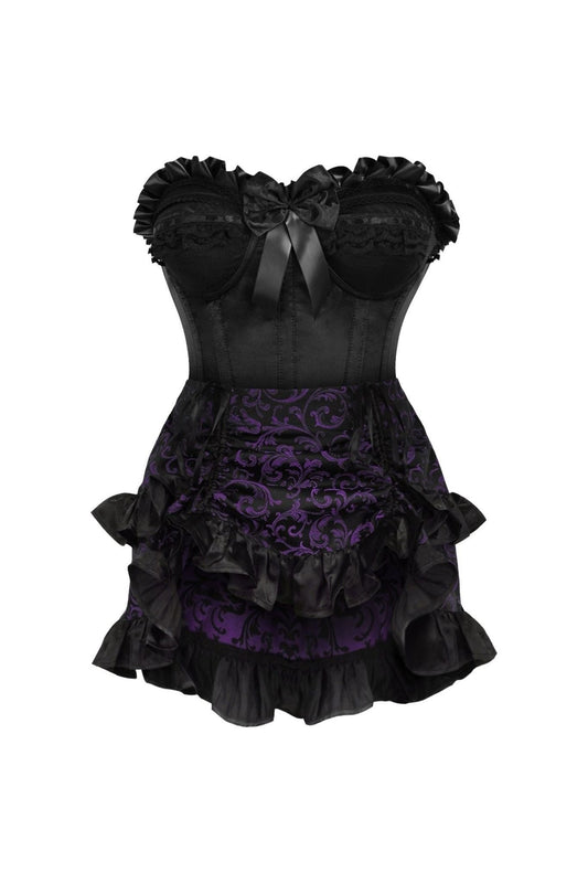 Top Drawer 2 PC Black Satin Steel Boned Burlesque Corset & Purple Brocade Skirt Set.