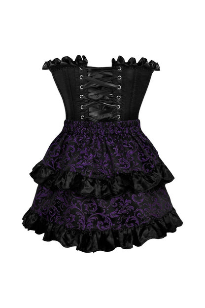 Top Drawer 2 PC Black Satin Steel Boned Burlesque Corset & Purple Brocade Skirt Set.