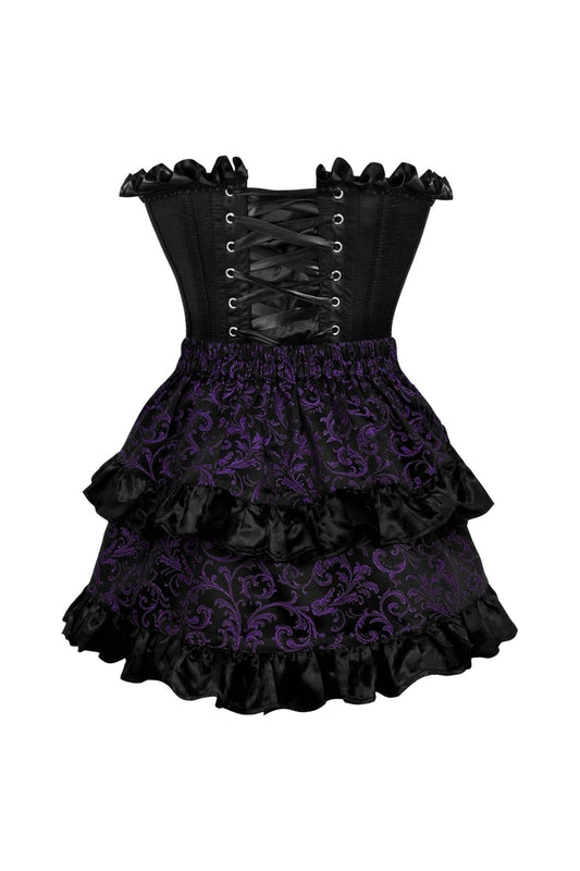 Top Drawer 2 PC Black Satin Steel Boned Burlesque Corset & Purple Brocade Skirt Set.
