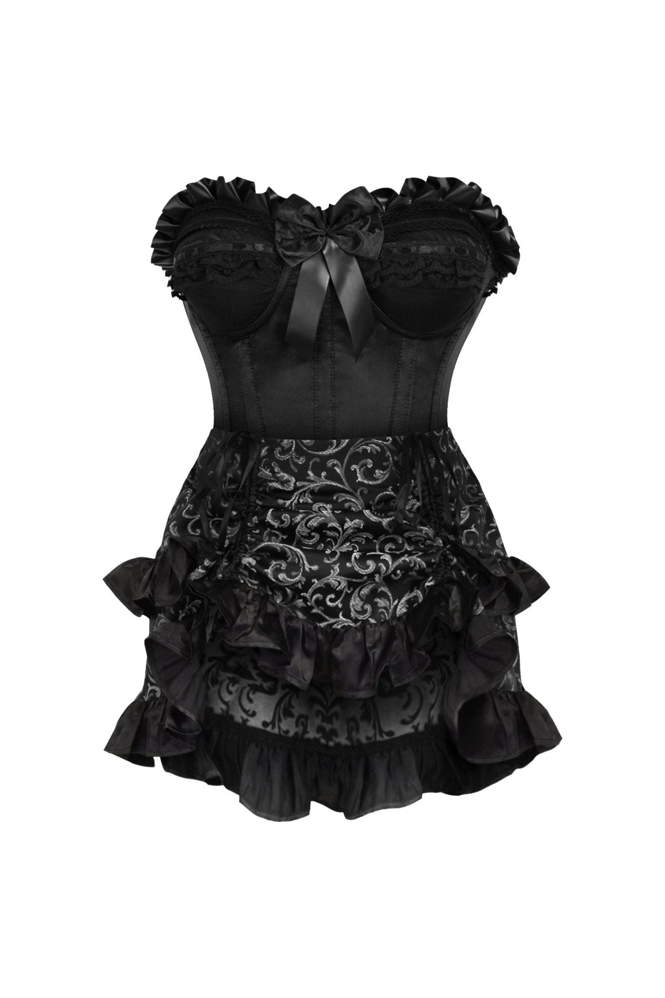 Top Drawer 2 PC Black Satin Steel Boned Burlesque Corset & Silver Brocade Skirt Set.