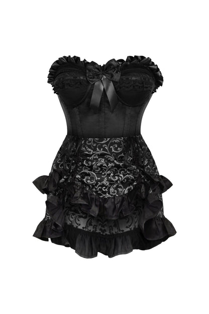 Top Drawer 2 PC Black Satin Steel Boned Burlesque Corset & Silver Brocade Skirt Set.