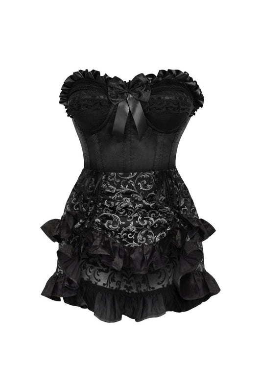 Top Drawer 2 PC Black Satin Steel Boned Burlesque Corset & Silver Brocade Skirt Set.