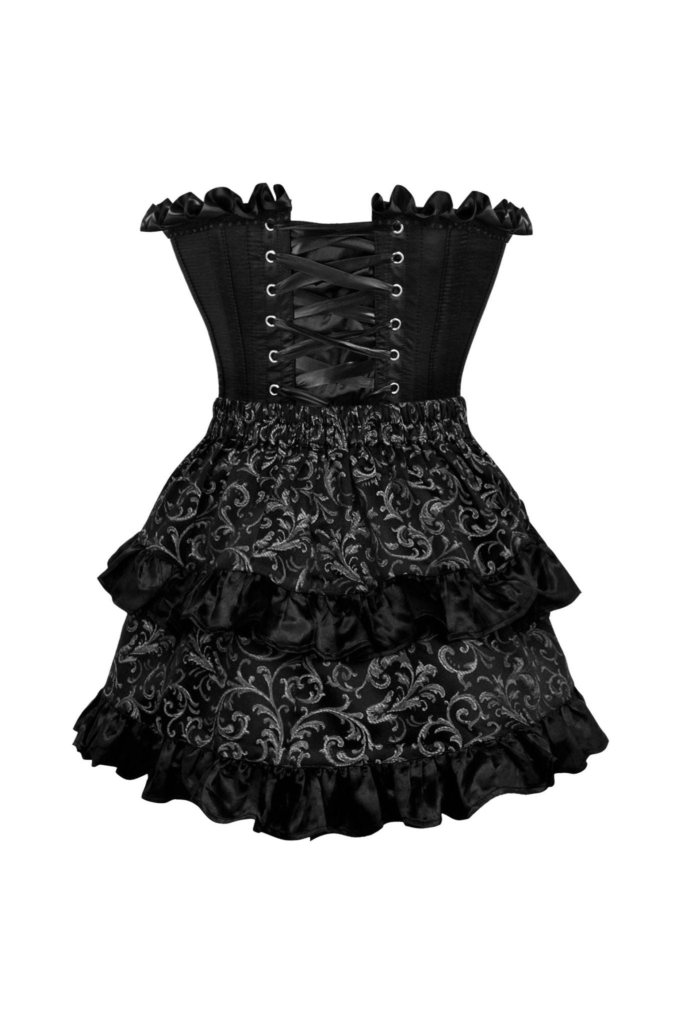 Top Drawer 2 PC Black Satin Steel Boned Burlesque Corset & Silver Brocade Skirt Set.