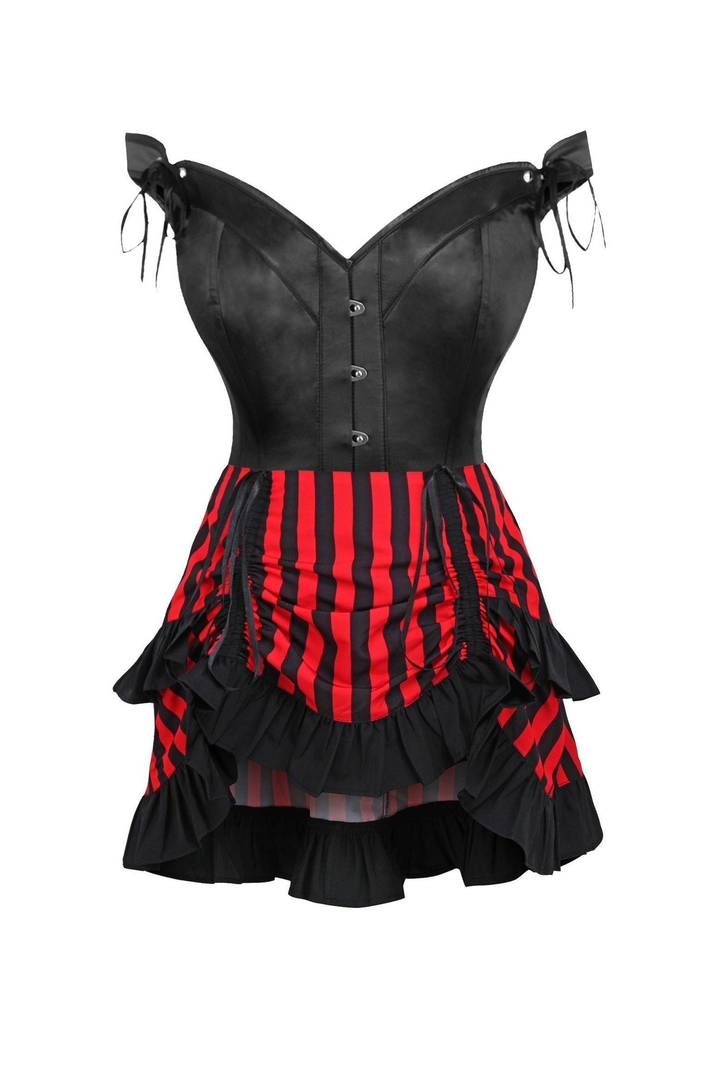 Top Drawer 2 PC Black Satin Steel Boned Corset w/Straps & Striped Skirt Set