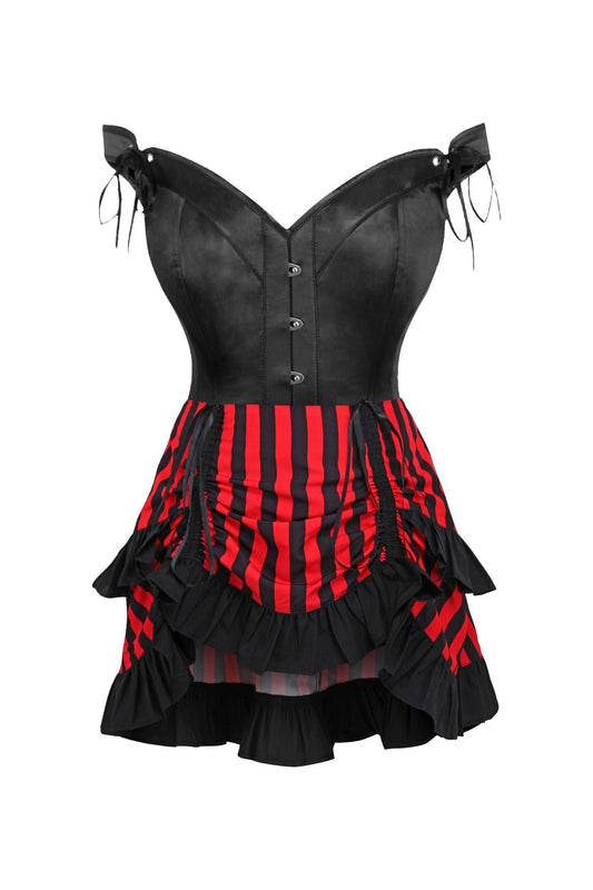 Top Drawer 2 PC Black Satin Steel Boned Corset w/Straps & Striped Skirt Set.