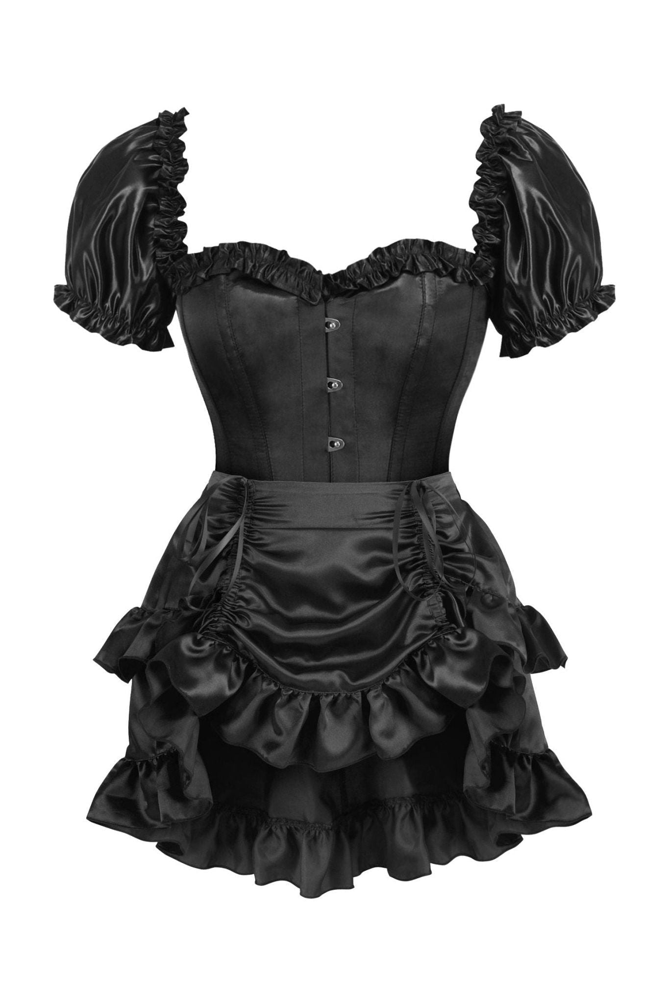 Top Drawer 2 PC Black Satin Steel Boned Overbust Corset w/Sleeves & Satin Skirt Set.