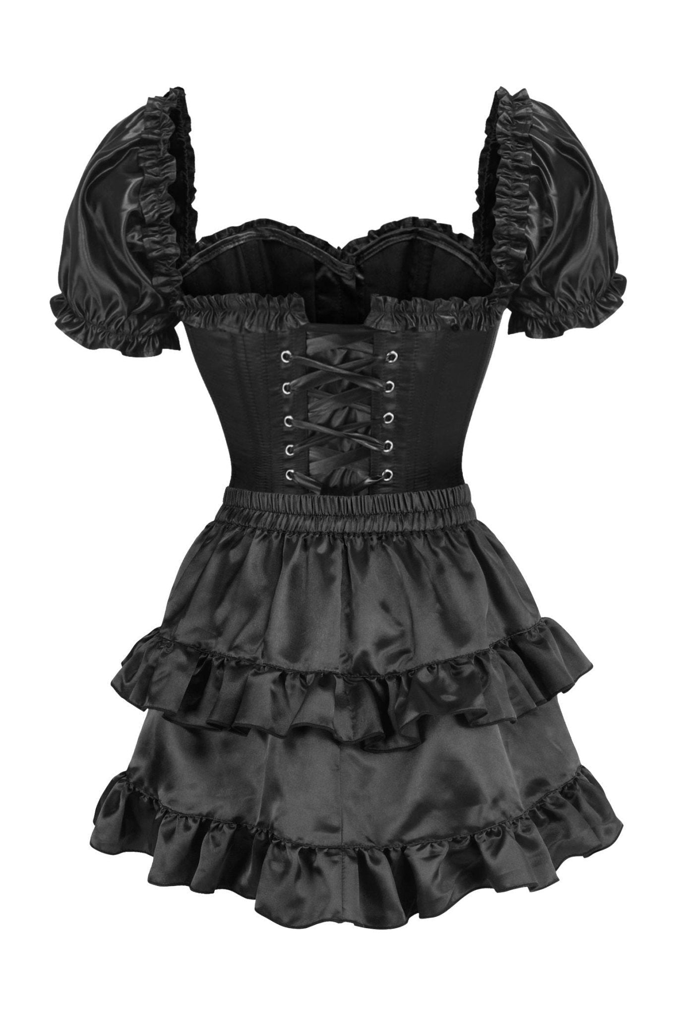 Top Drawer 2 PC Black Satin Steel Boned Overbust Corset w/Sleeves & Satin Skirt Set.