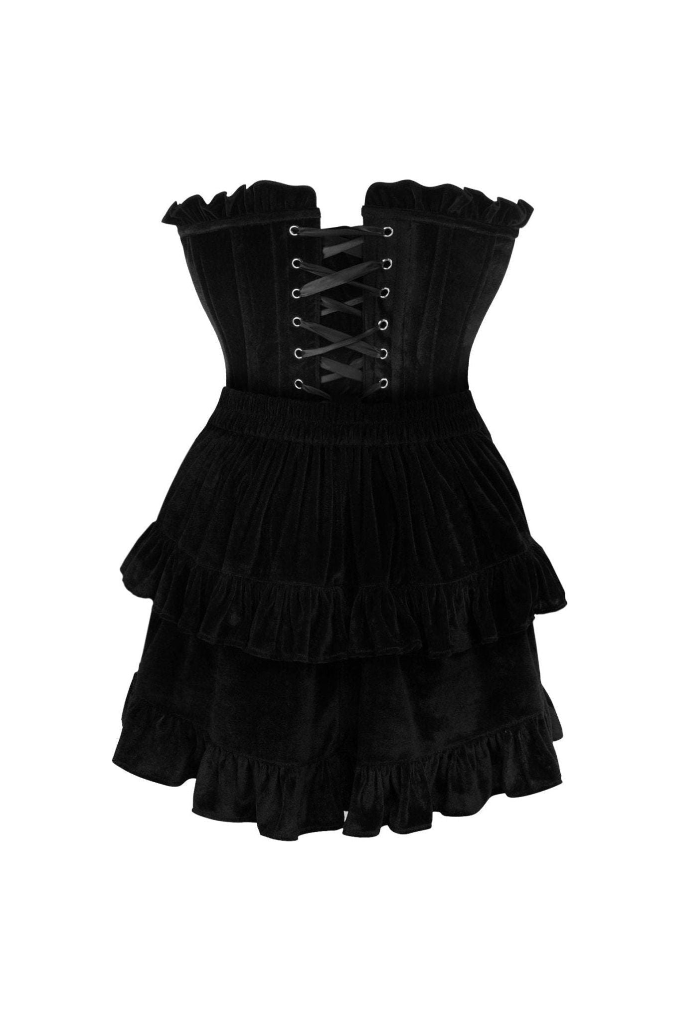 Top Drawer 2 PC Black Velvet Lace-Up Corset & Skirt Set.