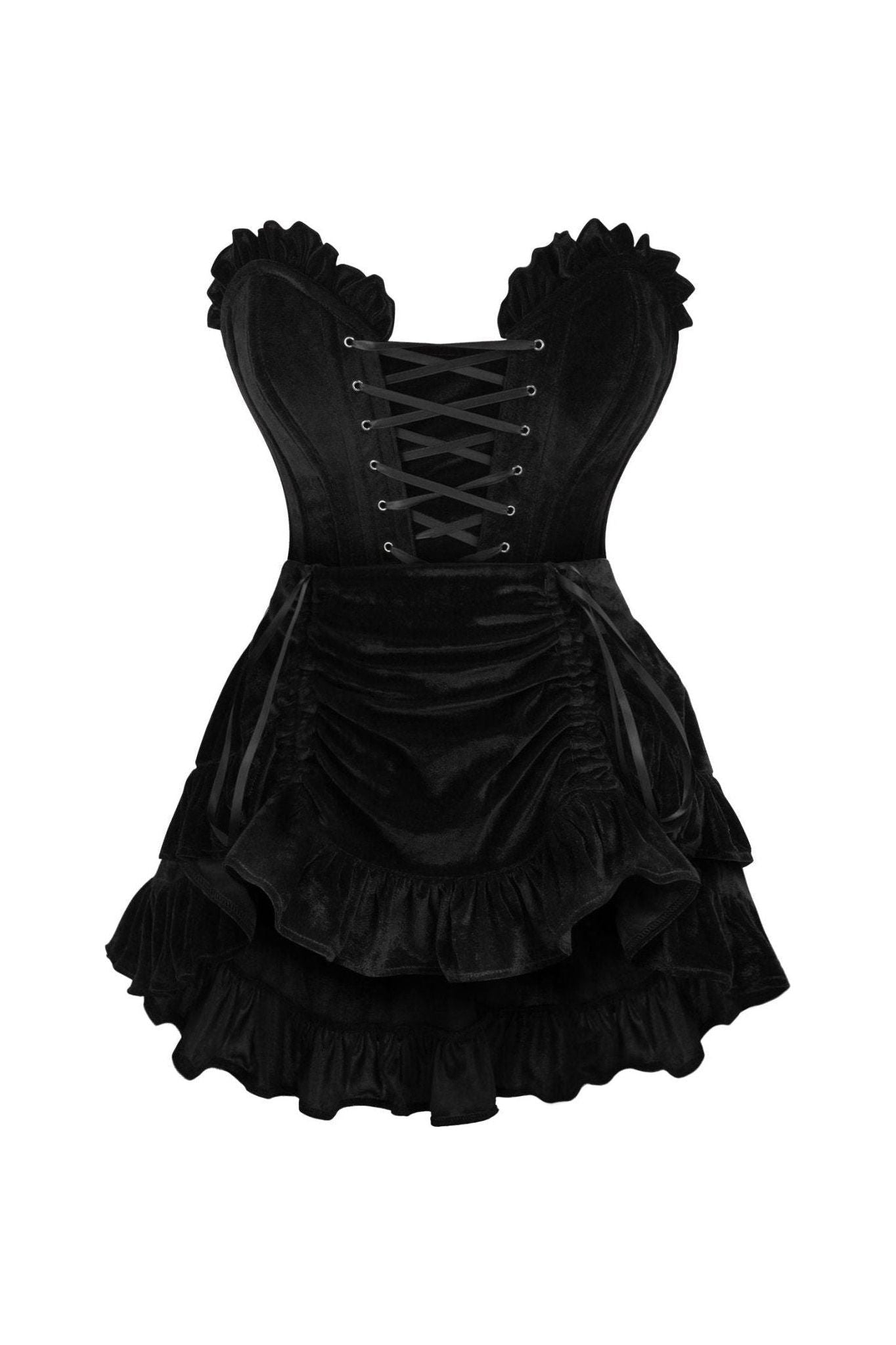 Top Drawer 2 PC Black Velvet Lace-Up Corset & Skirt Set.
