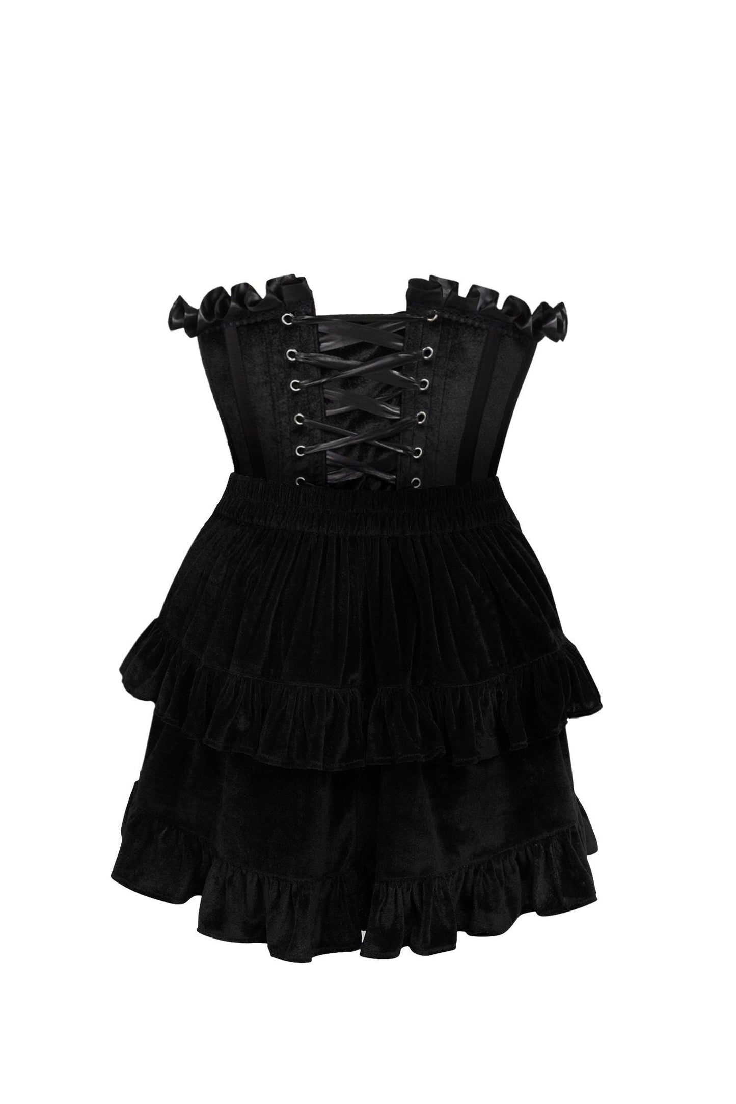 Top Drawer 2 PC Black Velvet Steel Boned Burlesque Corset & Skirt Set