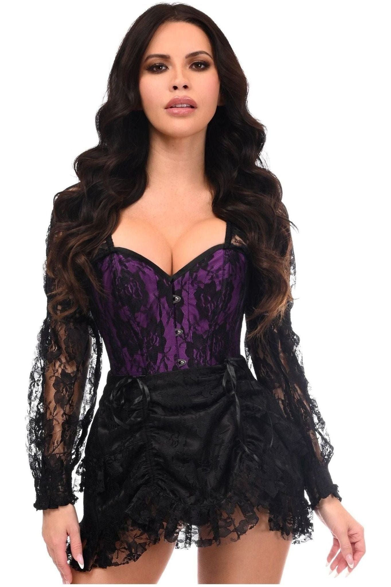 Top Drawer 2 PC Black/Purple Lace Steel Boned Corset & Skirt Set.