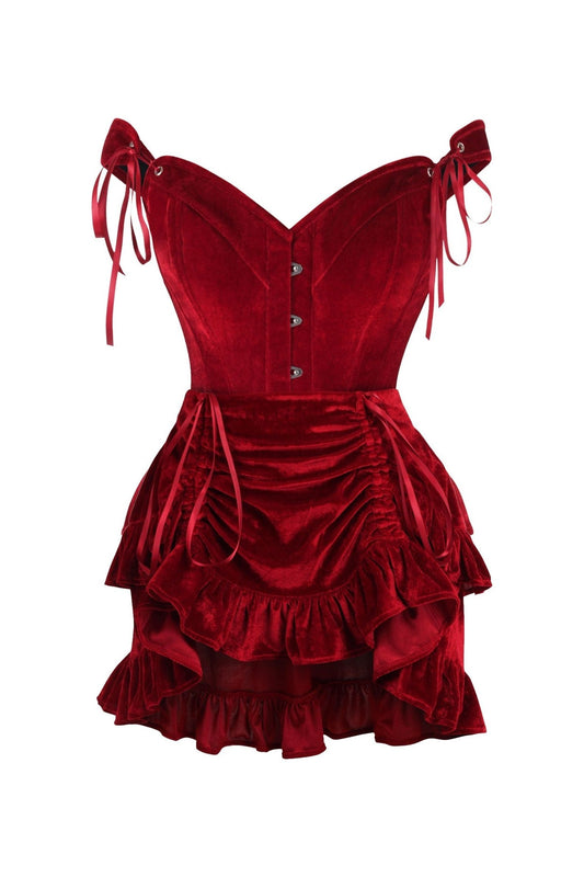 Top Drawer 2 PC Dark Red Velvet Steel Boned Corset & Skirt Set.
