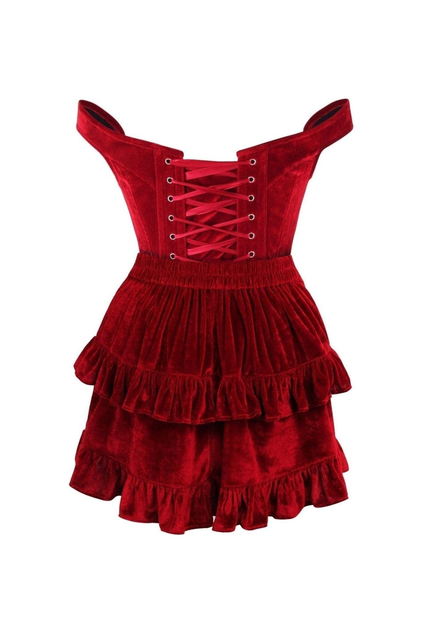 Top Drawer 2 PC Dark Red Velvet Steel Boned Corset & Skirt Set.
