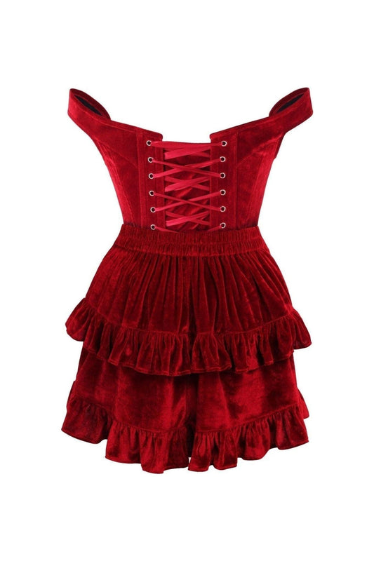 Top Drawer 2 PC Dark Red Velvet Steel Boned Corset & Skirt Set.