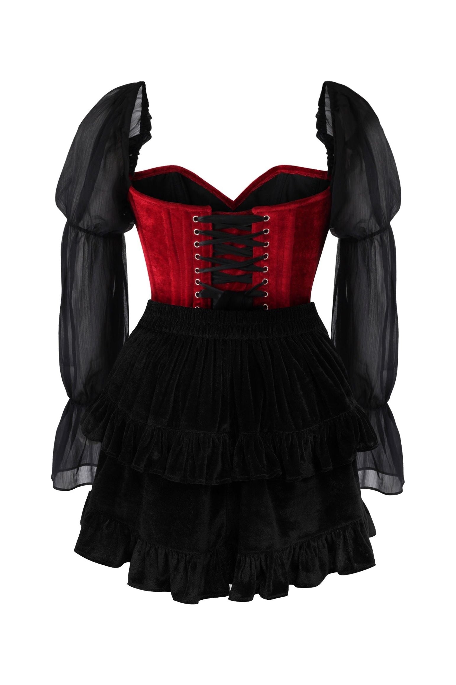 Top Drawer 2 PC Dark Red Velvet Steel Boned Corset w/Sleeves & Skirt Set.
